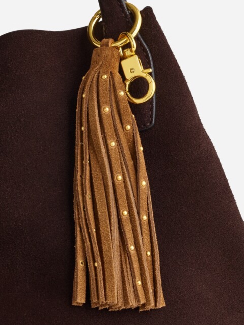Brown Suede Tassel Bag Charm/Keychain with Gold Hardware - Picture 3 of 3
